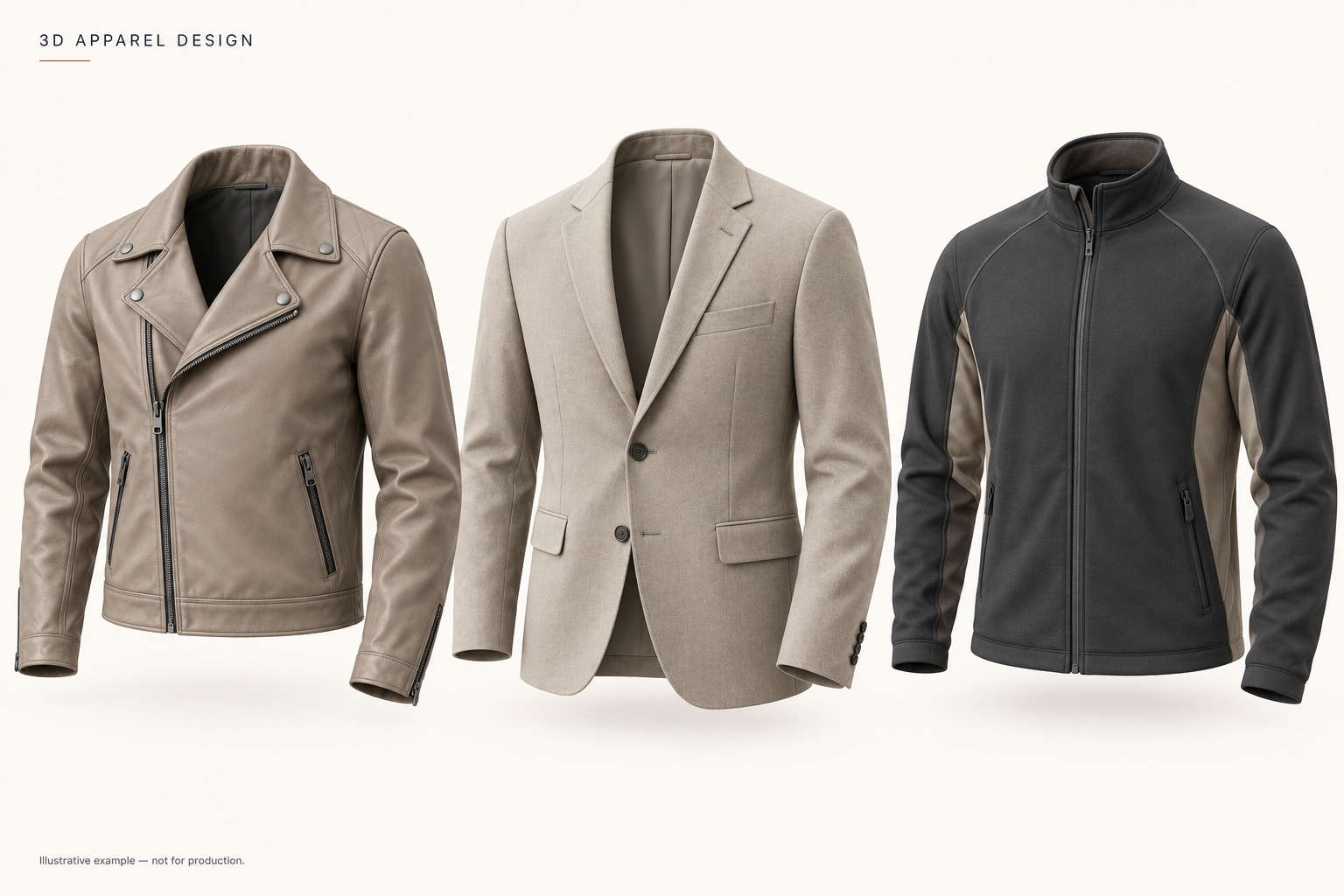Illustrative 3D garments: a taupe biker jacket, a stone blazer and a charcoal zip jacket, showing different silhouettes, materials and construction details.