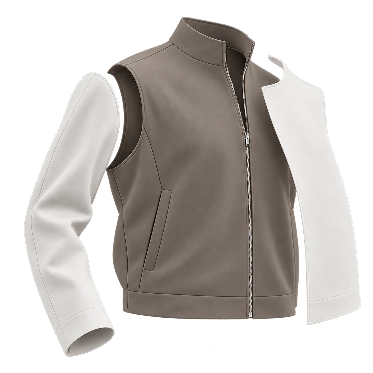 Concept illustration of a neutral taupe-grey jacket with two detached chalk-white construction panels.