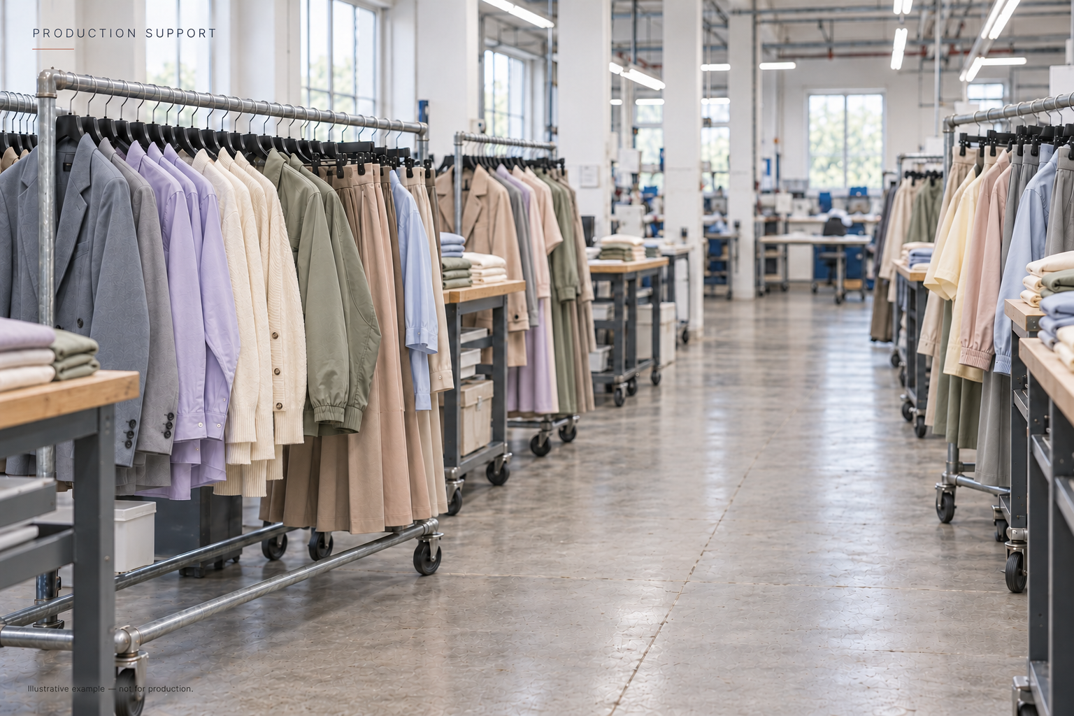 Illustrative garment production environment with clothing on rolling racks, folded garments and work tables in a bright factory interior.