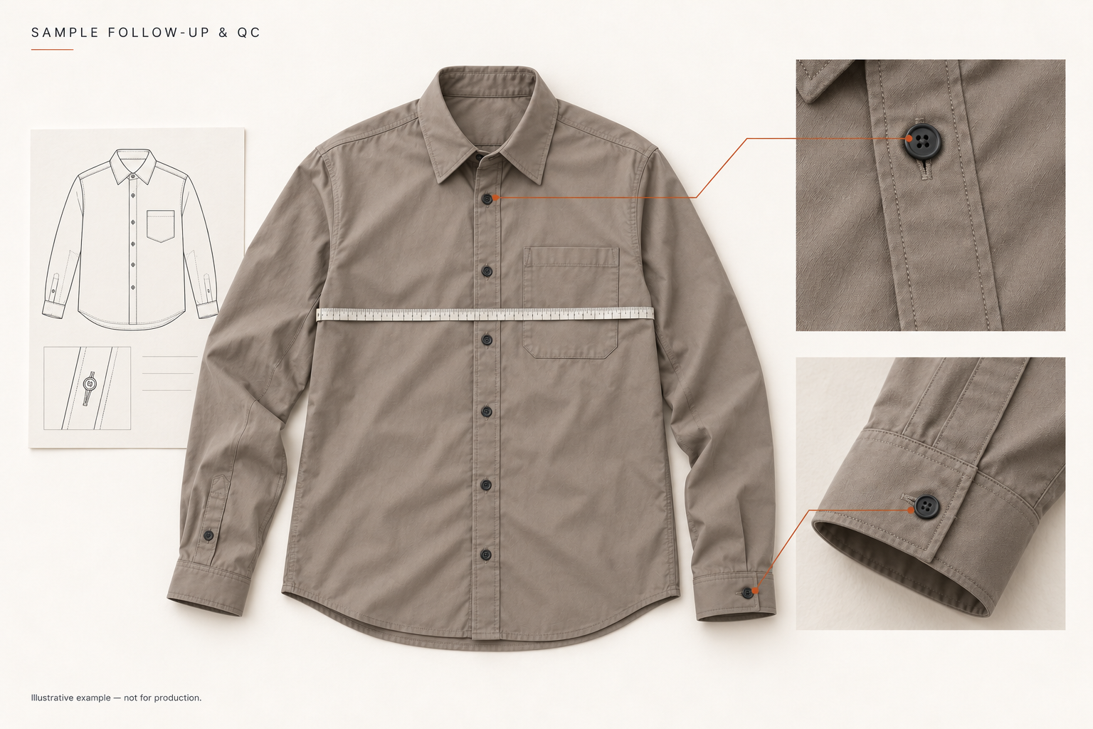 Illustrative taupe shirt sample with a measurement ruler, a technical drawing and enlarged button, buttonhole and cuff construction details.